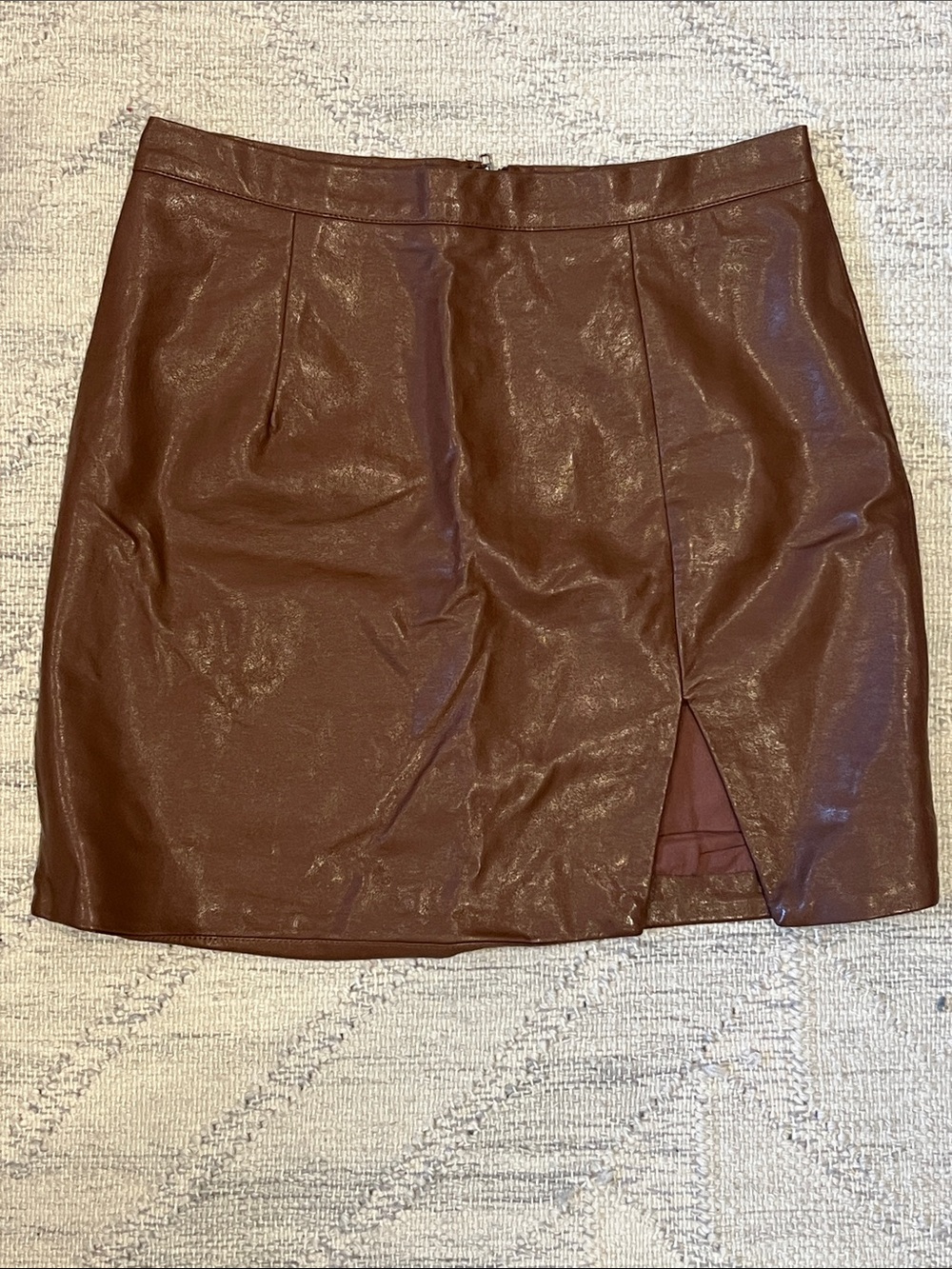 M Olivaceous Brown Faux Leather Mini Skirt with Front Slit - fits like SMALL!